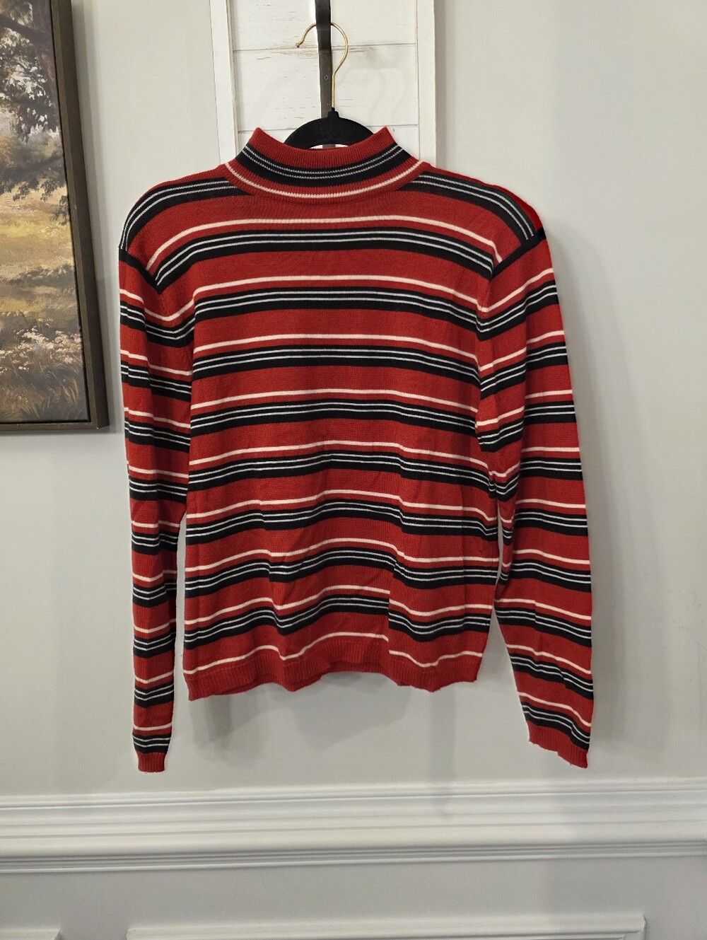 Vtg Pendleton Merino Wool Mock Neck Sweater Red Black White Stripes Size Lg